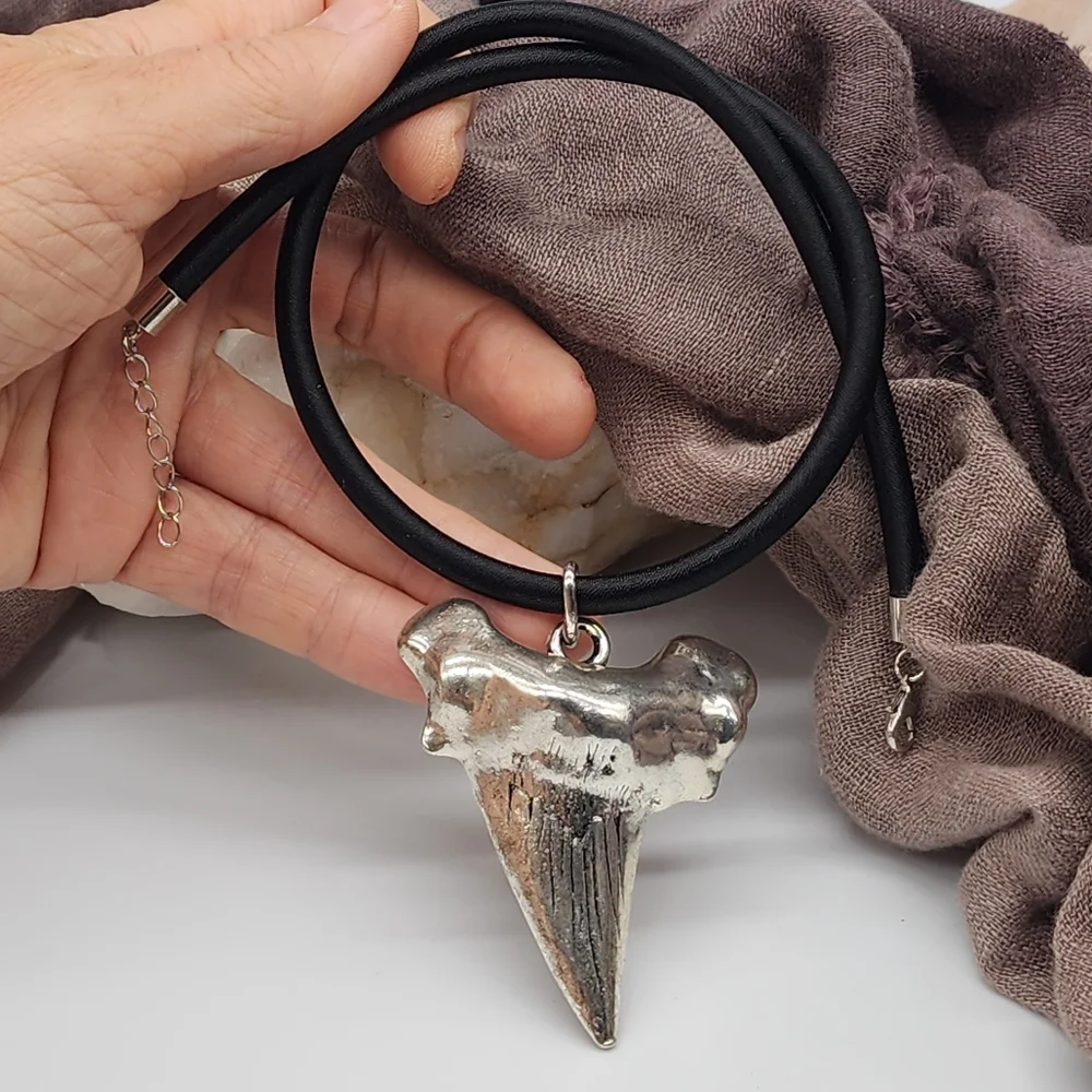 Large Heavy Silver Plated Shark Tooth Big Pendant Black Cord Necklace Gift
